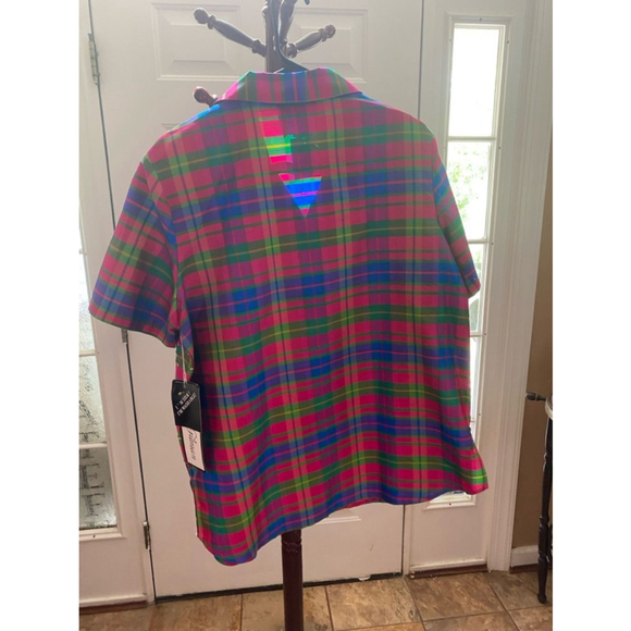 Women's Diane Gilman Pink Green Plaid Blouse Size L - Picture 8 of 8